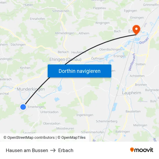 Hausen am Bussen to Erbach map