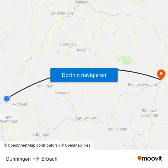 Dunningen to Erbach map