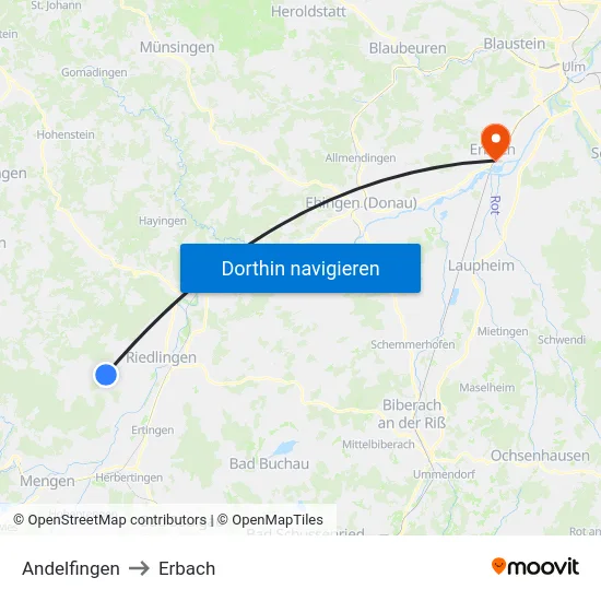 Andelfingen to Erbach map