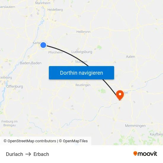 Durlach to Erbach map