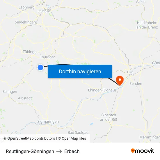 Reutlingen-Gönningen to Erbach map
