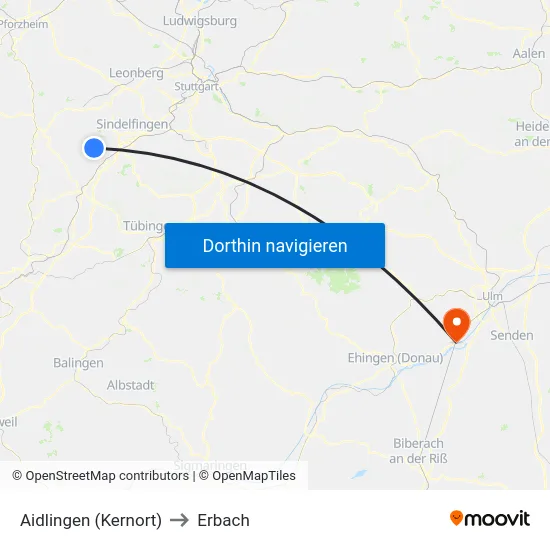 Aidlingen (Kernort) to Erbach map