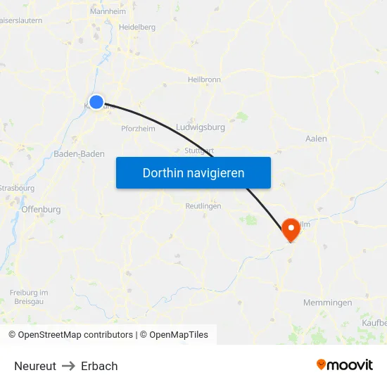 Neureut to Erbach map