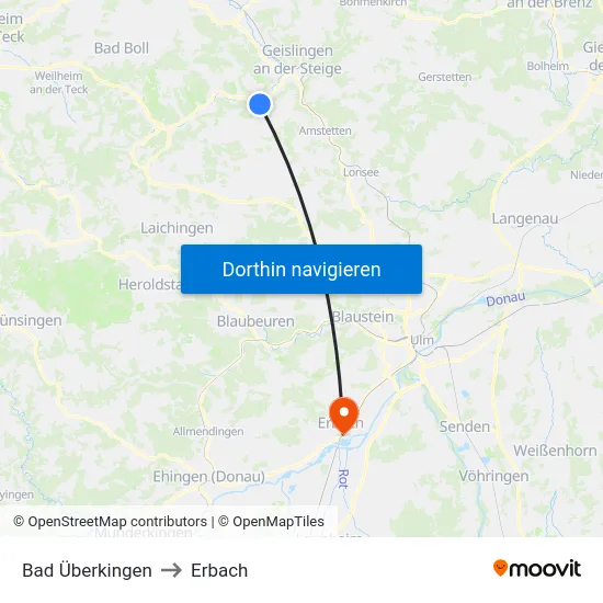Bad Überkingen to Erbach map