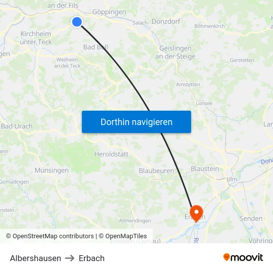 Albershausen to Erbach map
