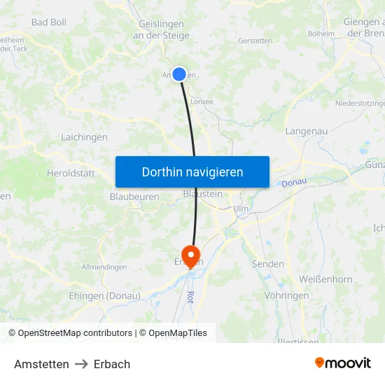 Amstetten to Erbach map