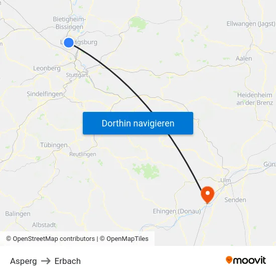 Asperg to Erbach map