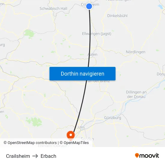 Crailsheim to Erbach map