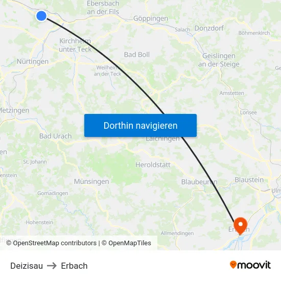 Deizisau to Erbach map