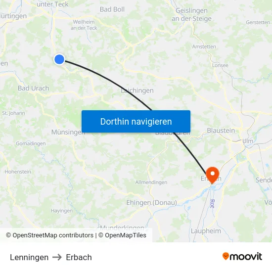 Lenningen to Erbach map