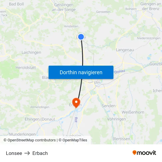 Lonsee to Erbach map