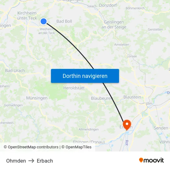Ohmden to Erbach map