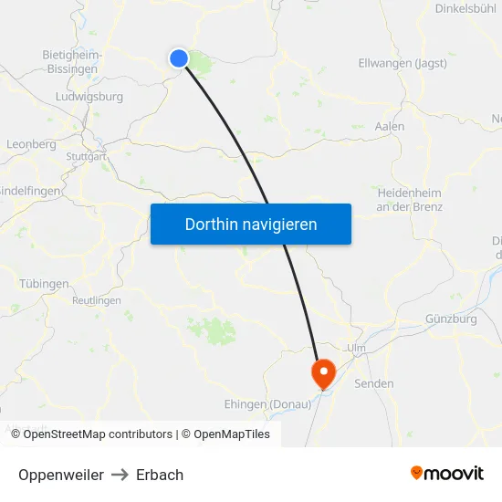 Oppenweiler to Erbach map