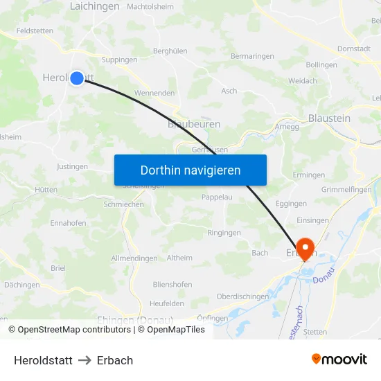 Heroldstatt to Erbach map