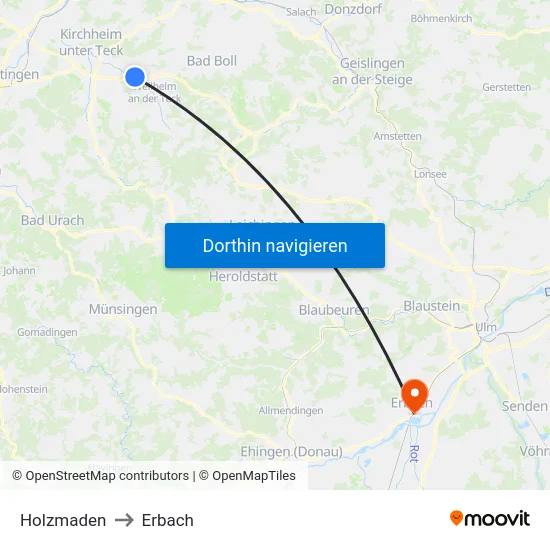 Holzmaden to Erbach map