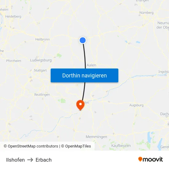 Ilshofen to Erbach map