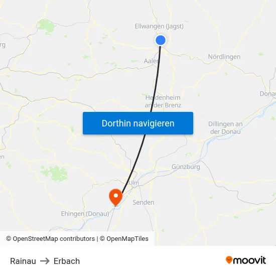 Rainau to Erbach map