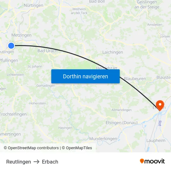 Reutlingen to Erbach map