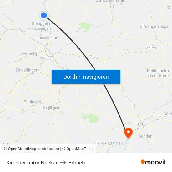 Kirchheim Am Neckar to Erbach map