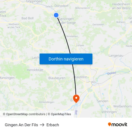 Gingen An Der Fils to Erbach map