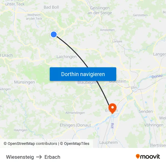Wiesensteig to Erbach map