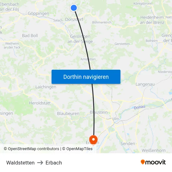 Waldstetten to Erbach map