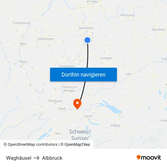 Waghäusel to Albbruck map