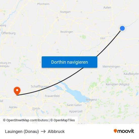 Lauingen (Donau) to Albbruck map