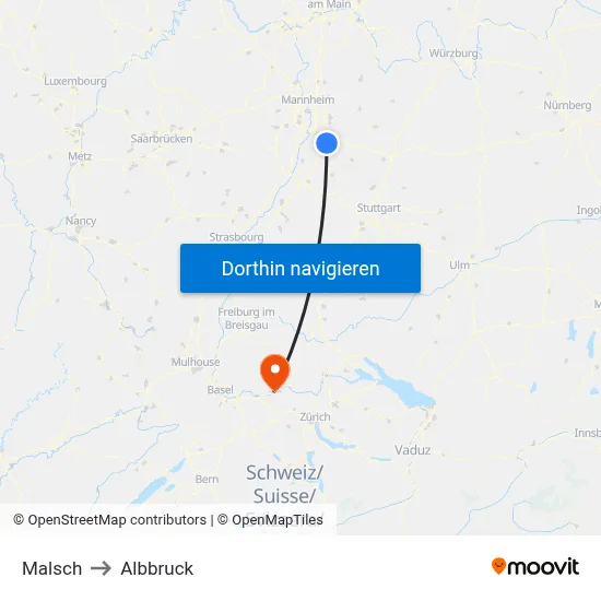 Malsch to Albbruck map