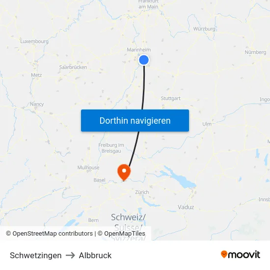 Schwetzingen to Albbruck map
