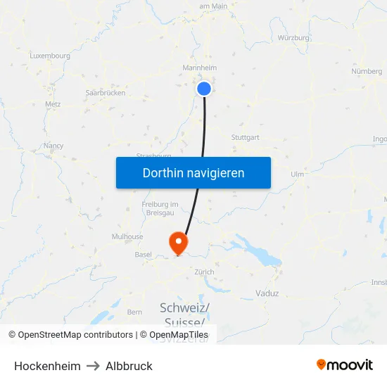 Hockenheim to Albbruck map