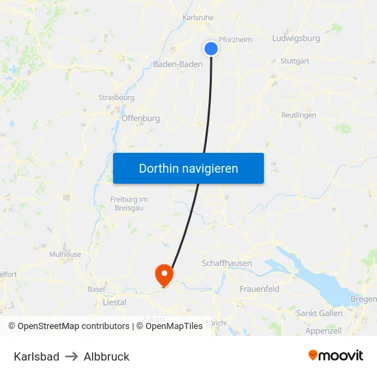 Karlsbad to Albbruck map