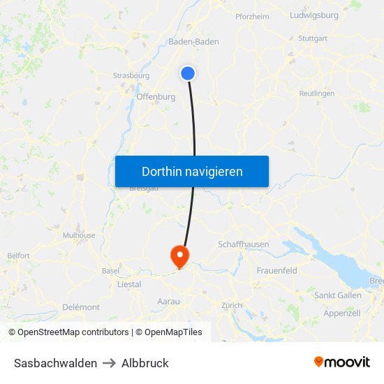 Sasbachwalden to Albbruck map