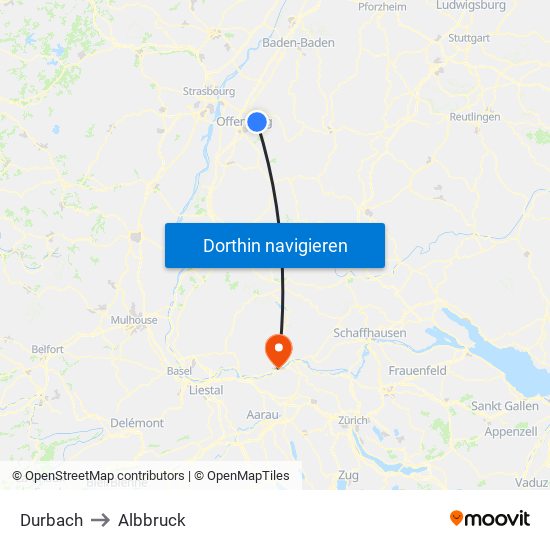 Durbach to Albbruck map