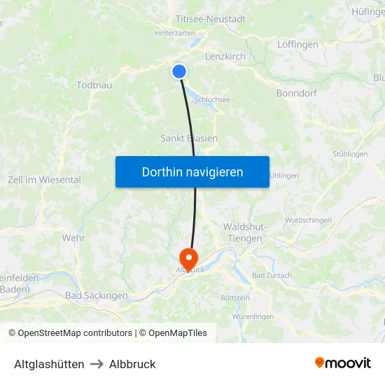 Altglashütten to Albbruck map
