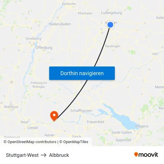 Stuttgart-West to Albbruck map