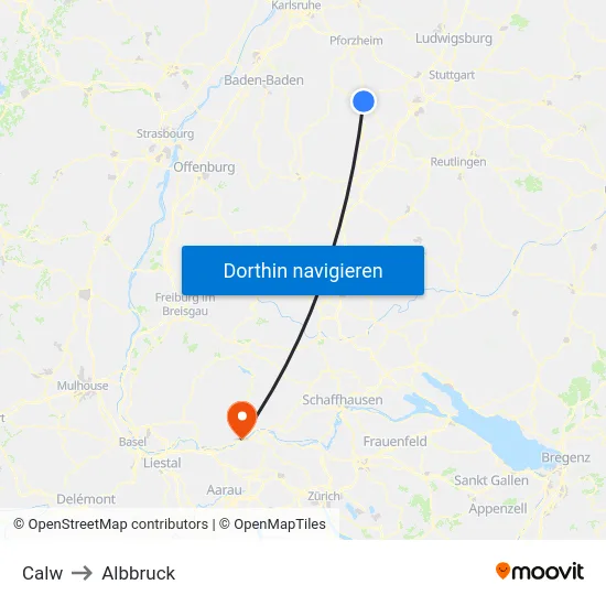 Calw to Albbruck map