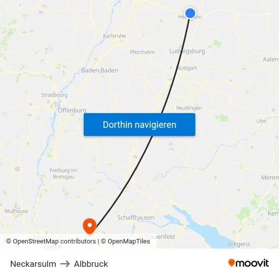 Neckarsulm to Albbruck map