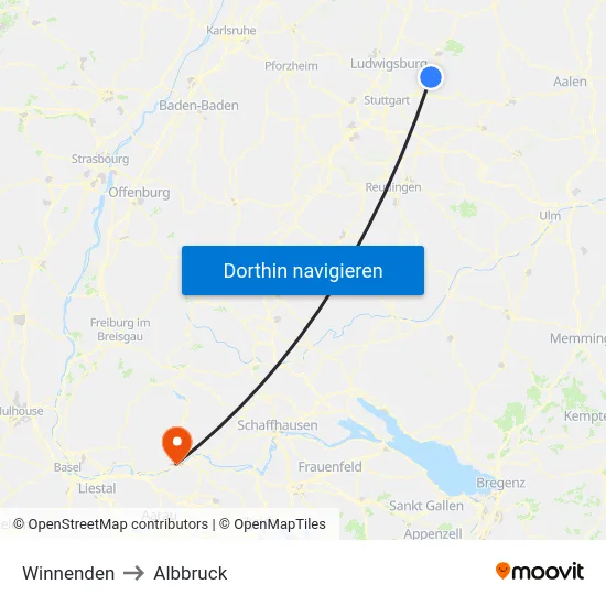 Winnenden to Albbruck map