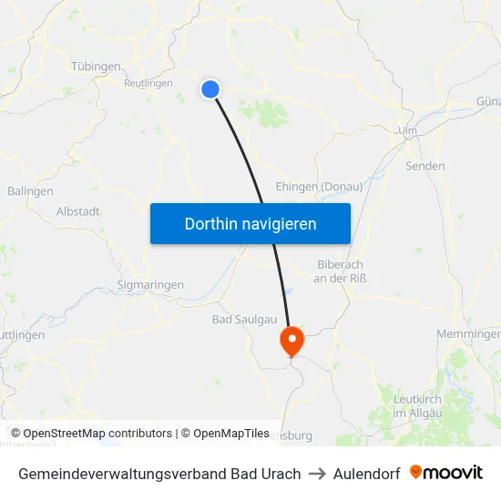 Gemeindeverwaltungsverband Bad Urach to Aulendorf map