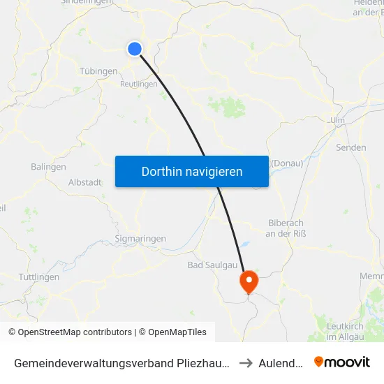 Gemeindeverwaltungsverband Pliezhausen to Aulendorf map