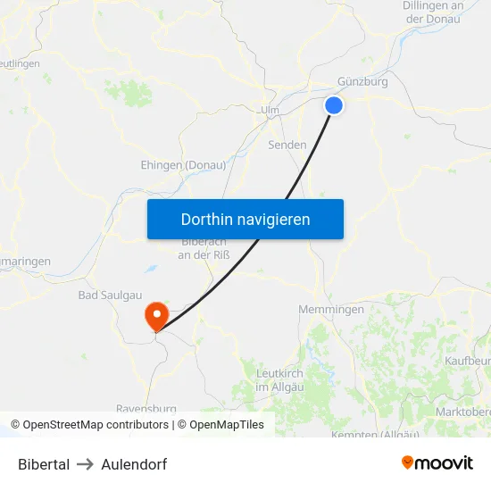 Bibertal to Aulendorf map