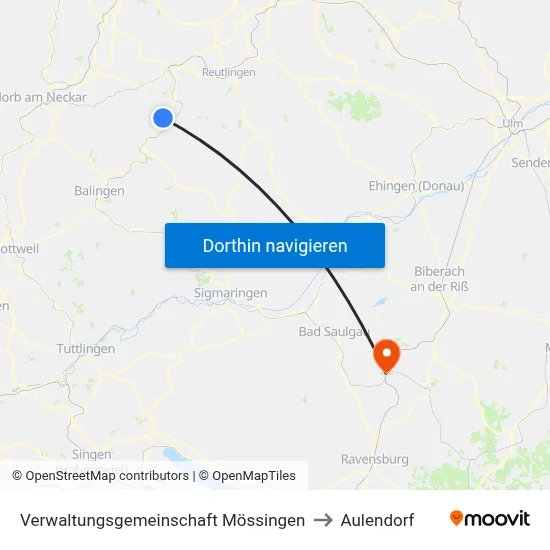 Verwaltungsgemeinschaft Mössingen to Aulendorf map