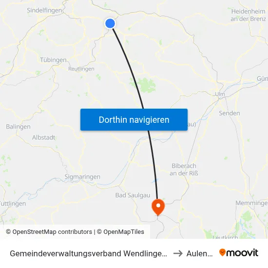 Gemeindeverwaltungsverband Wendlingen am Neckar to Aulendorf map