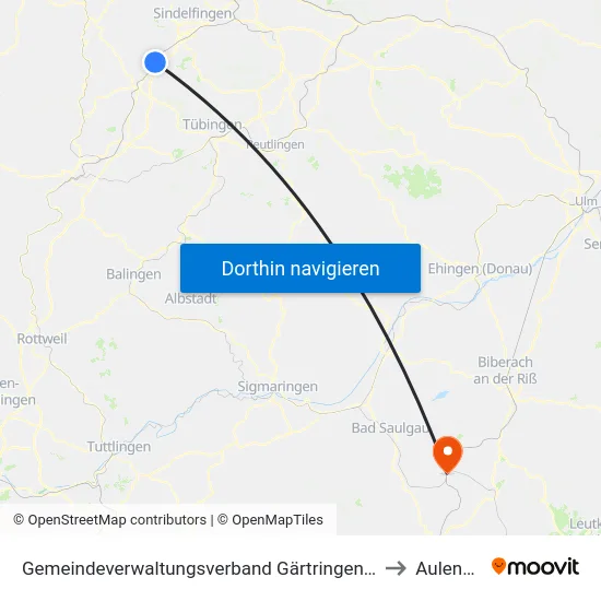 Gemeindeverwaltungsverband Gärtringen/Ehningen to Aulendorf map