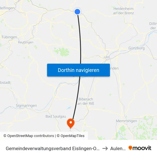 Gemeindeverwaltungsverband Eislingen-Ottenbach-Salach to Aulendorf map