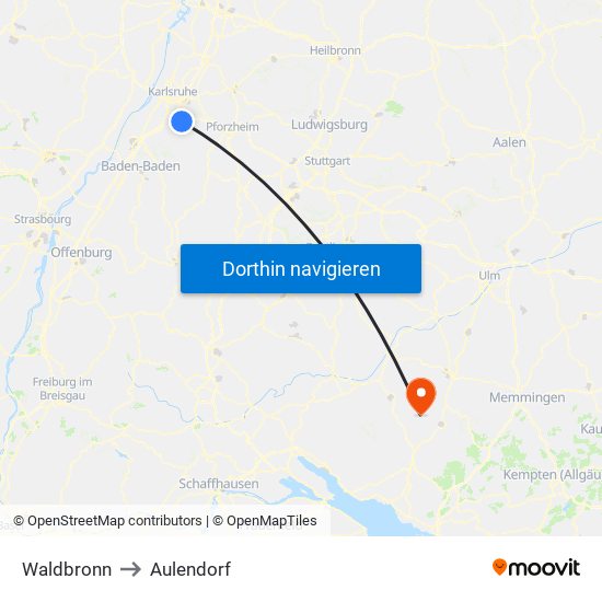 Waldbronn to Aulendorf map