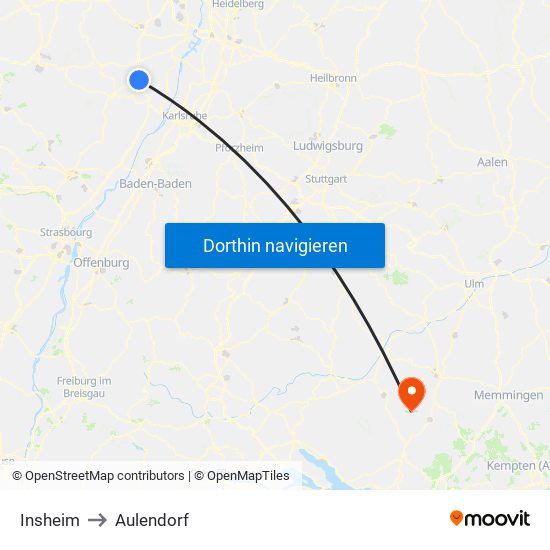 Insheim to Aulendorf map