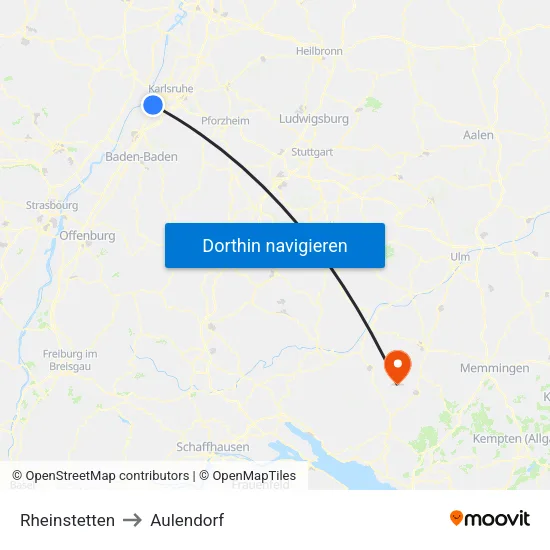 Rheinstetten to Aulendorf map