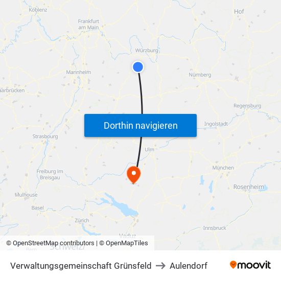 Verwaltungsgemeinschaft Grünsfeld to Aulendorf map